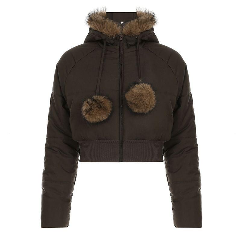 Fluffy Hooded Plain Zip Up Cropped Puffer Jacket Product Image