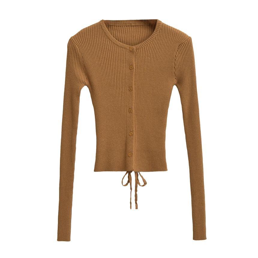 Round Neck Plain Ribbed Knit Cropped Cardigan Product Image