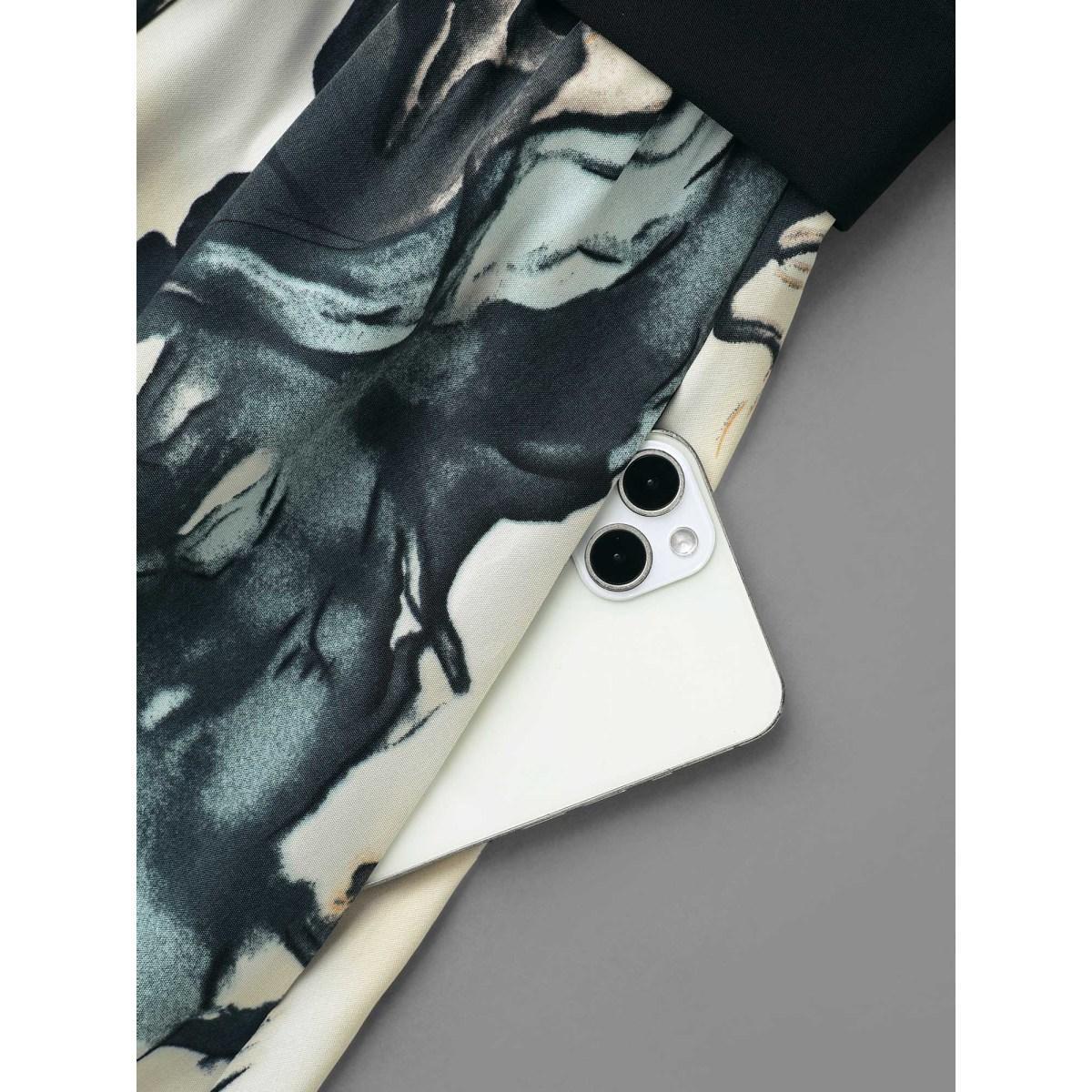 Plus Size Surplice Neck Marble Print Belted Dress Black Women At the Office Belted Overlap Collar Long Sleeve Curvy BloomChic 12/L Product Image