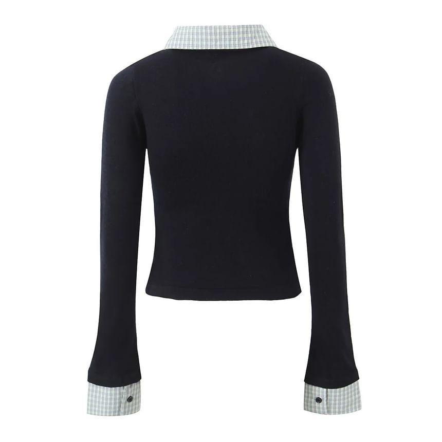 Long Sleeve Collared Striped Mock Two Piece Button Top Product Image
