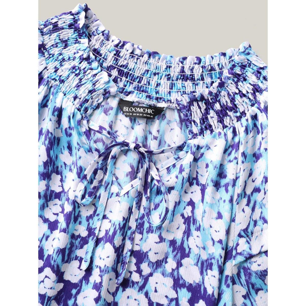 Plus Size Multicolor Cloud Print Shirred Collar Tiered Sleeve Blouse Women Half Sleeve Notched collar Everyday-Elegant Blouses BloomChic 18-20/2X Product Image