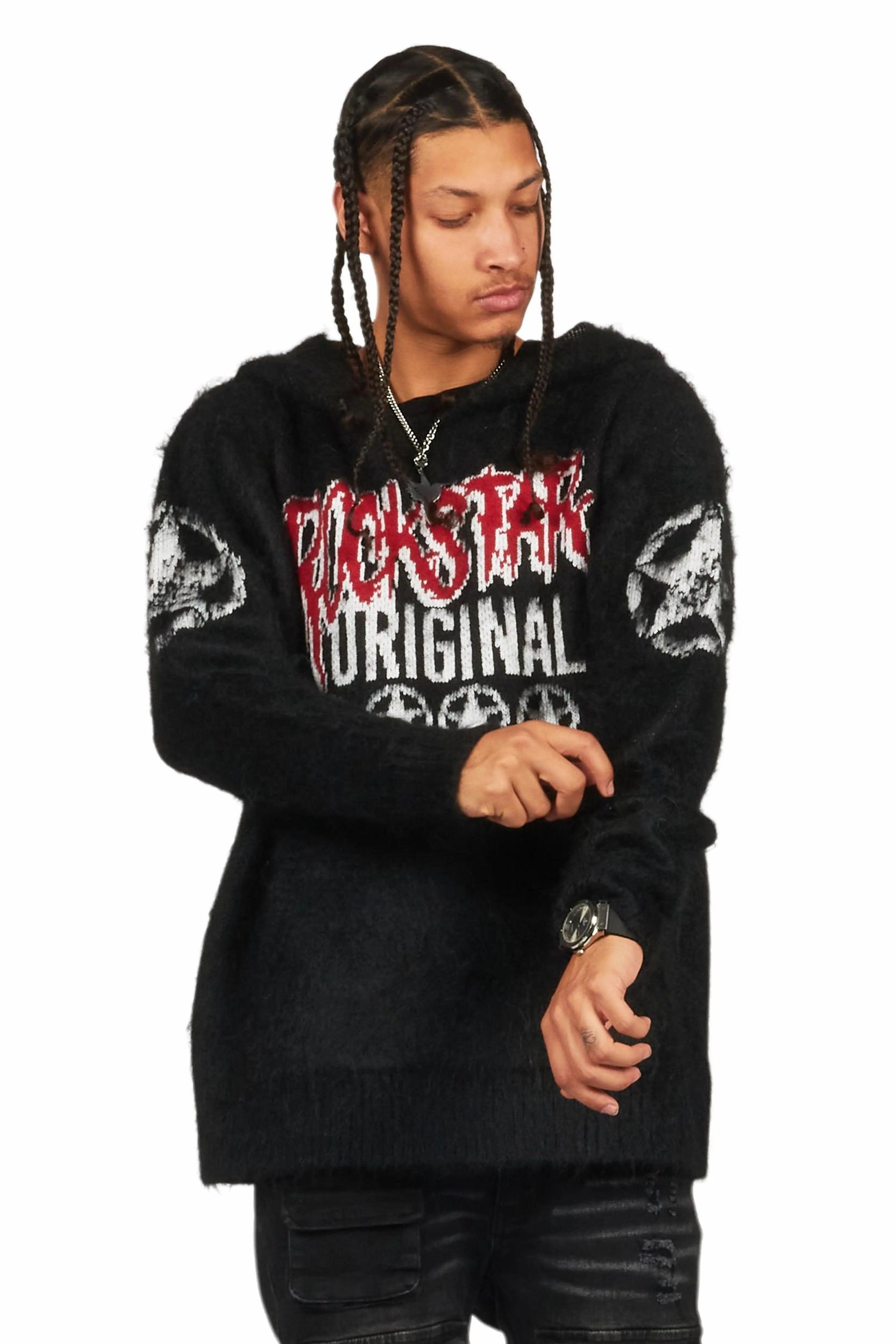 Wizzurd Black Graphic Knitted Mohair Hoodie Male Product Image