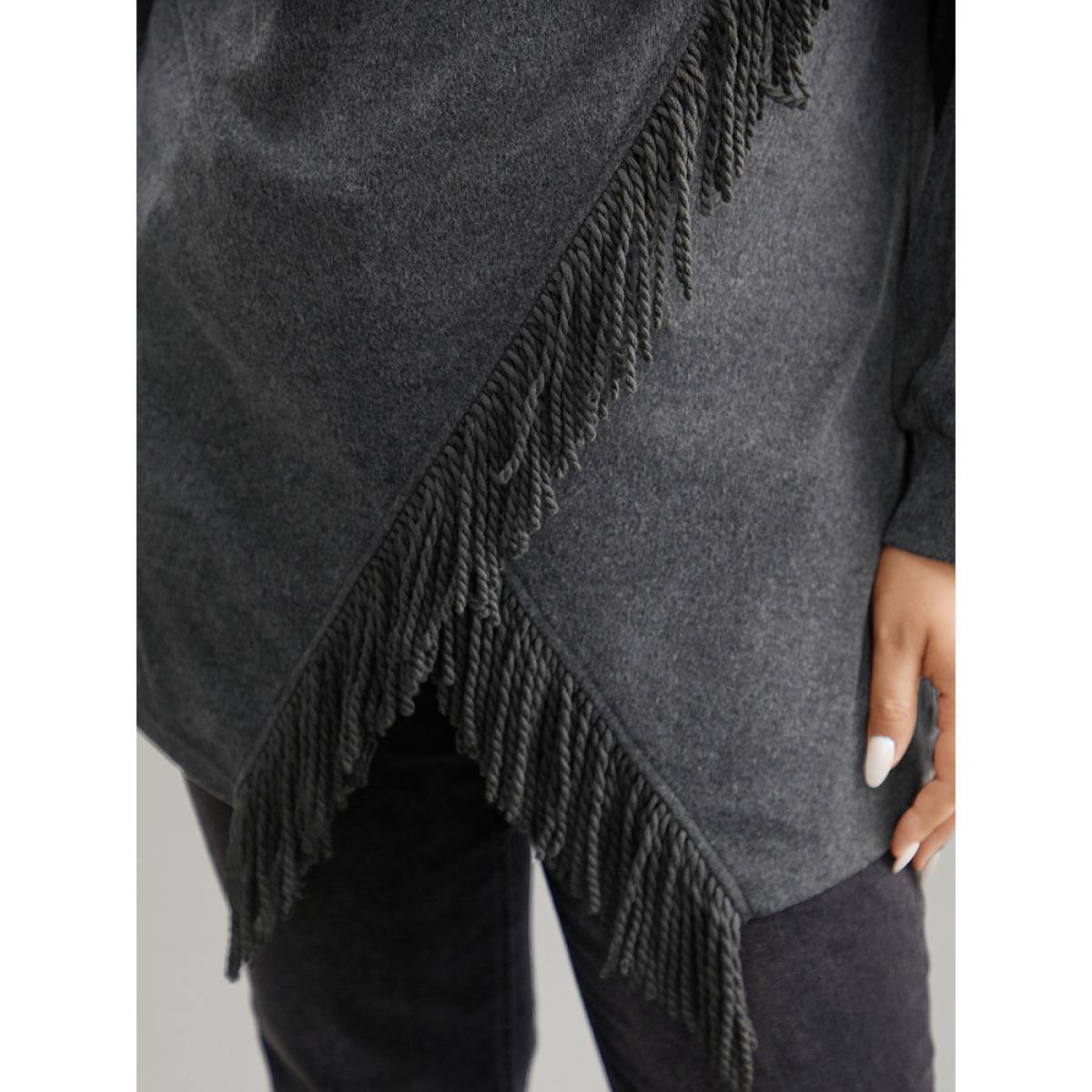 Plus Size Cowl Neck Tassels Button Detail Wrap Sweatshirt Women DimGray Elegant Wrap Cowl Neck Everyday Sweatshirts BloomChic 26/4X Product Image