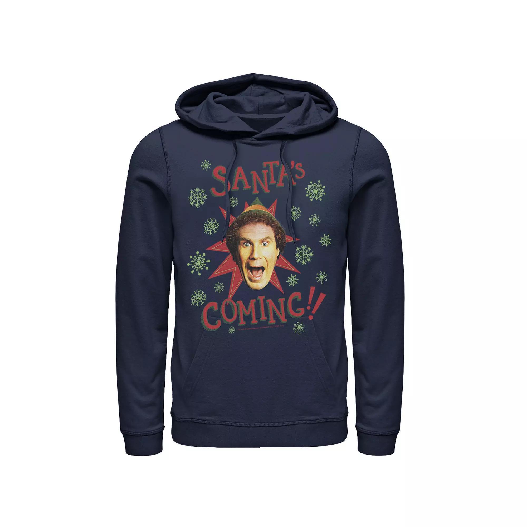 Men's Elf Buddy Santa's Coming Excited Smiling Portrait Hoodie, Size: XXL, Blue Product Image