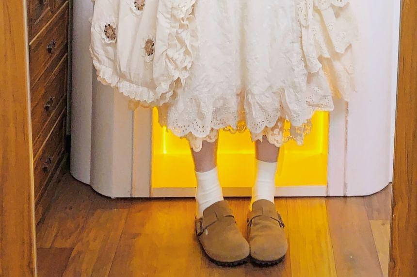 Long-Sleeve Collar Embroidered Tiered Lace Trim Midi A-Line Dress Product Image