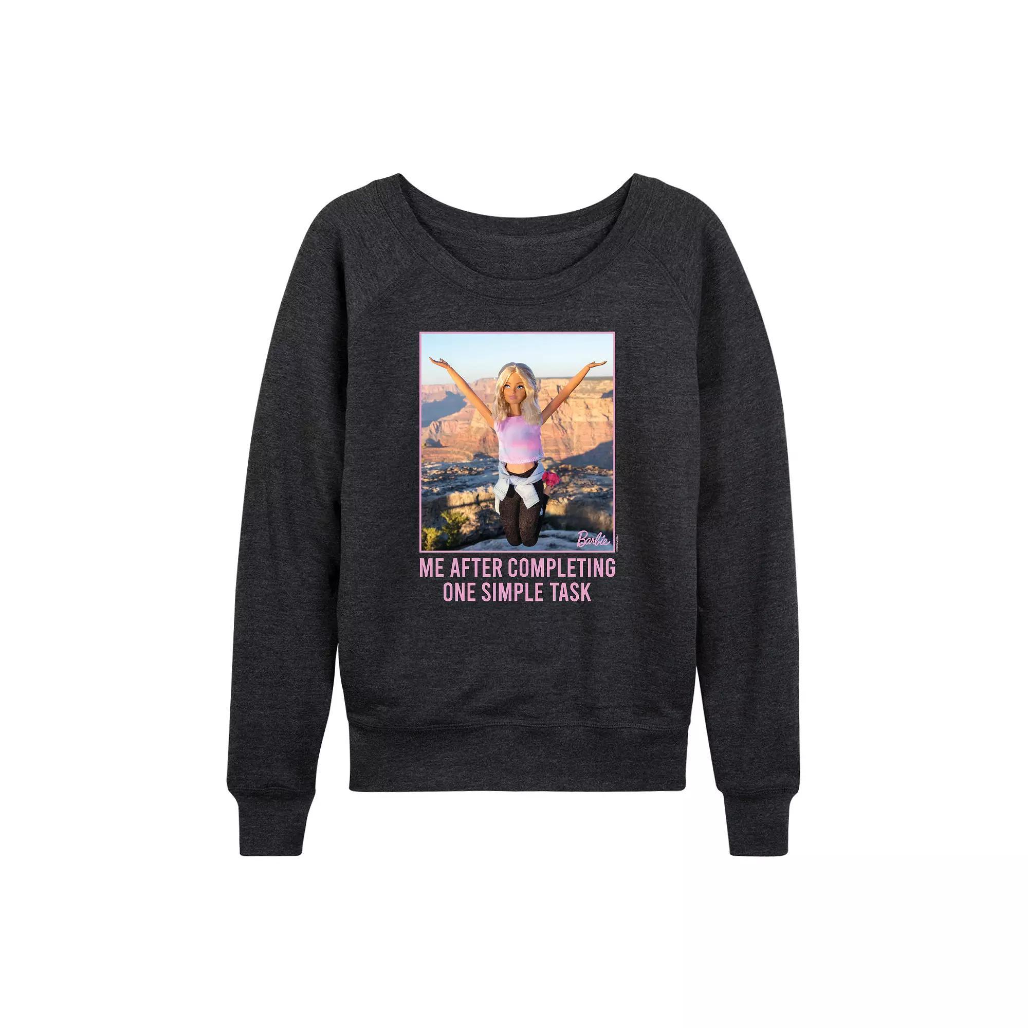 Womens Barbie One Simple Task French Terry Long Sleeve Tee, Girls Heather Grey Product Image