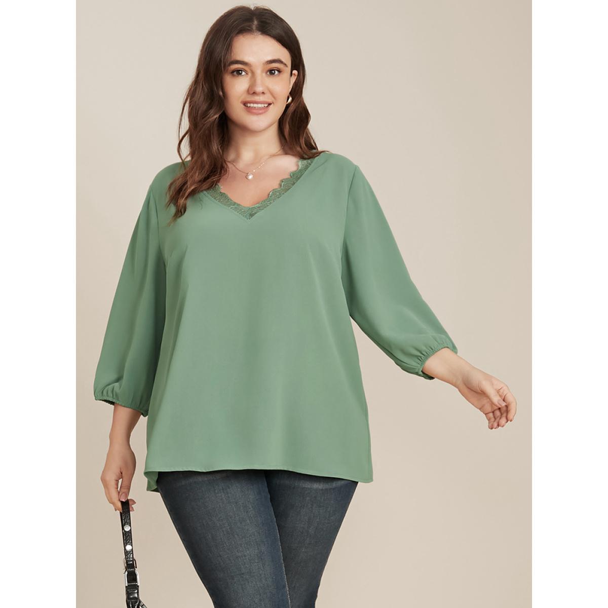Plus Size Emerald Solid Lantern Sleeve Lace Trim V Neck Blouse Women Elegant Elbow-length sleeve V-neck Dailywear Blouses BloomChic 14-16/1X Product Image