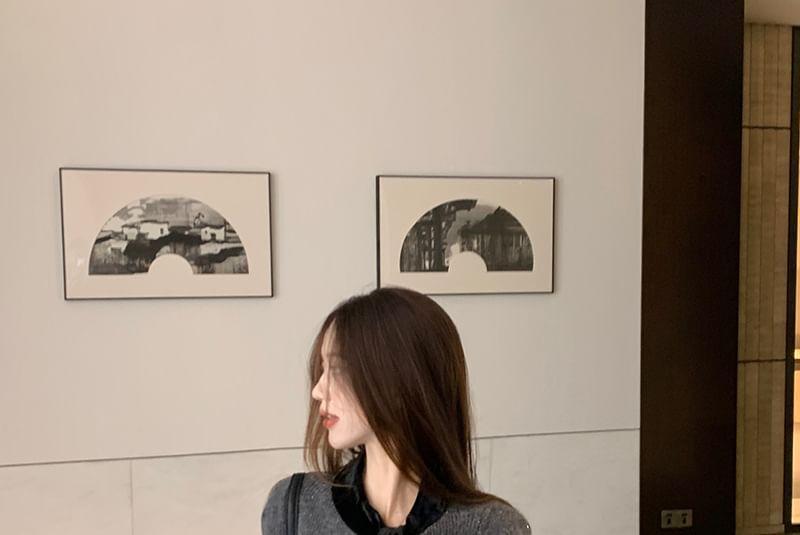 Tie Neck Panel Velvet Sweater Product Image