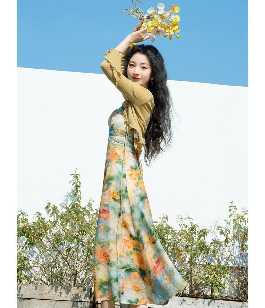 Set: Spaghetti Strap Floral Midi A-Line Dress + Plain Cardigan Product Image