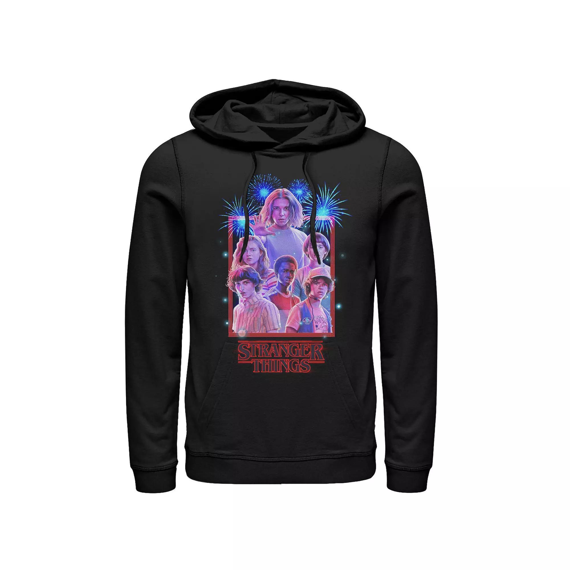 Men's Netflix Stranger Things Group Shot Fireworks Poster Hoodie, Size: 3XL, Black Product Image