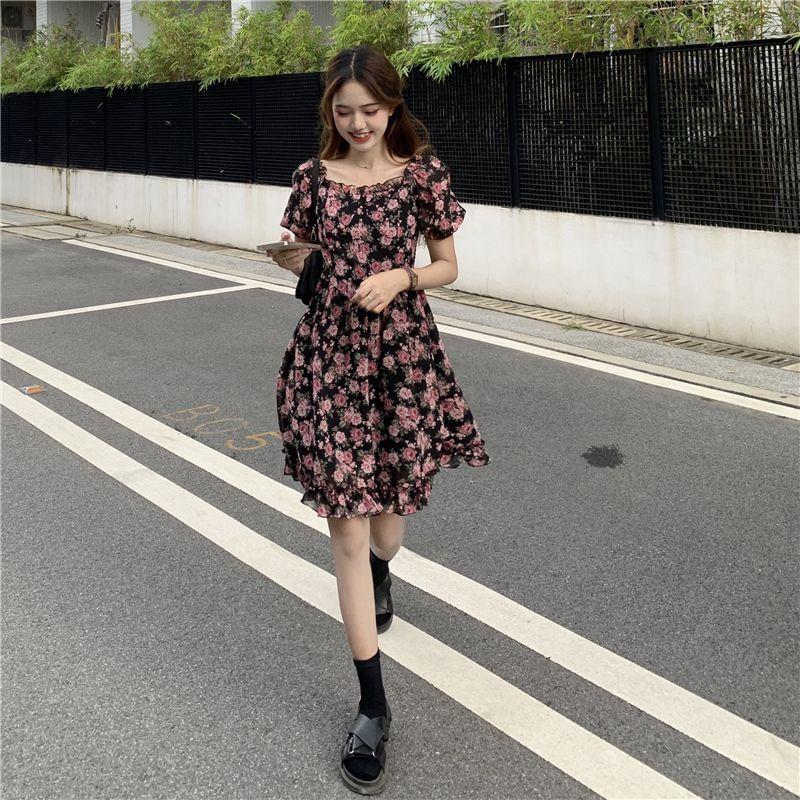 Puff-Sleeve Floral A-Line Dress Product Image