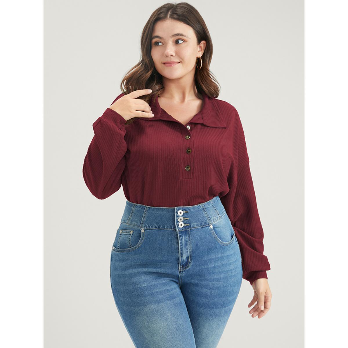 Plus Size Solid Half Button Drop Shoulder Rib Knit Sweatshirt Women Burgundy Casual Button Lapel Collar Dailywear Sweatshirts BloomChic 26/4X Product Image