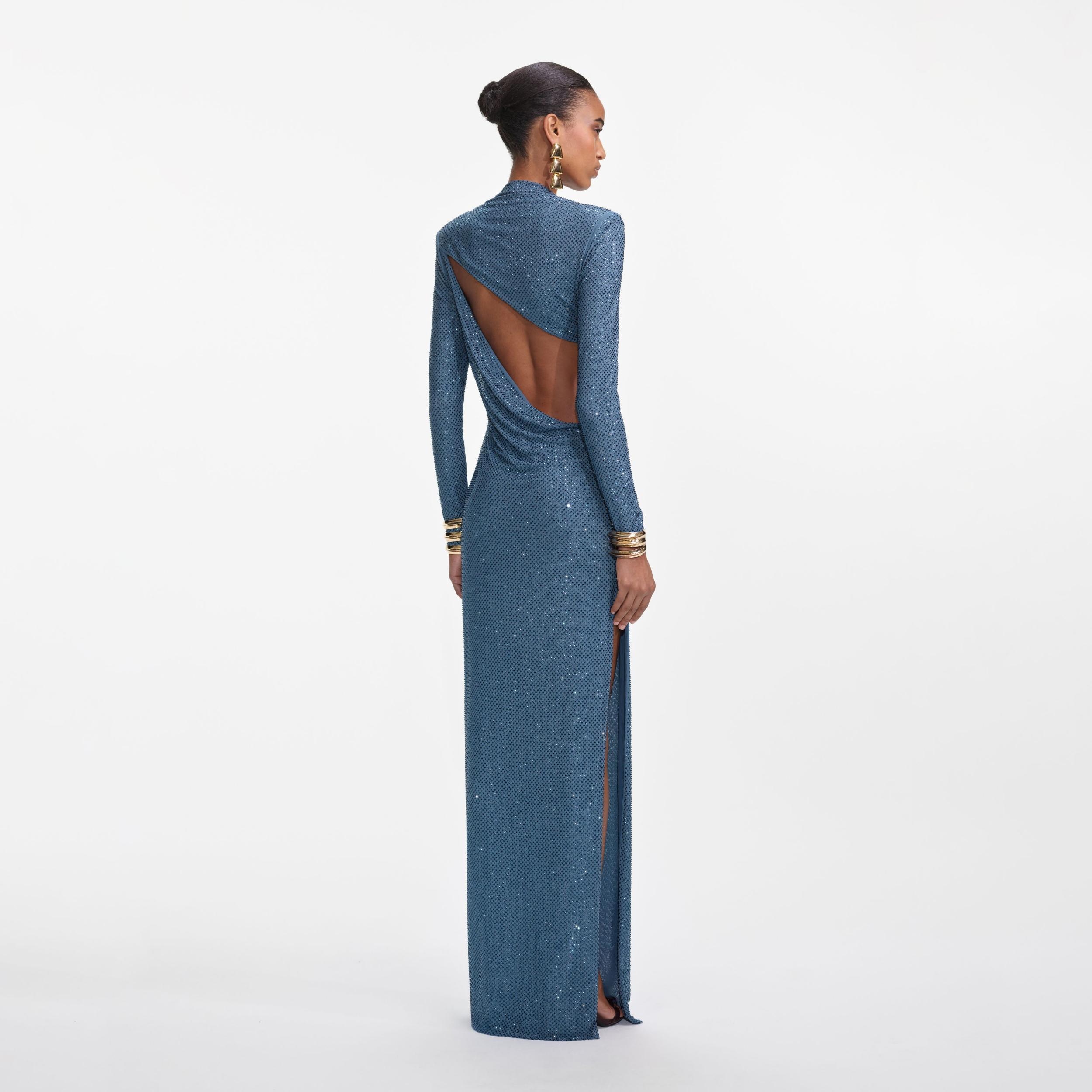 Blue Rhinestone Gathered Maxi Dress Product Image