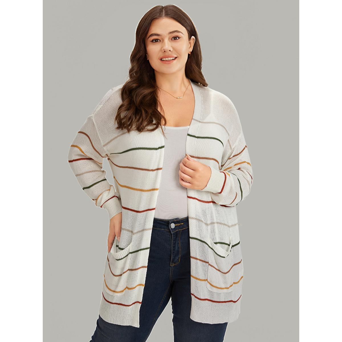 Plus Size UltraCool Rainbow Striped Open Front Pocket Cardigan Ivory Women Casual Loose Long Sleeve Dailywear Cardigans BloomChic 14-16/1X Product Image