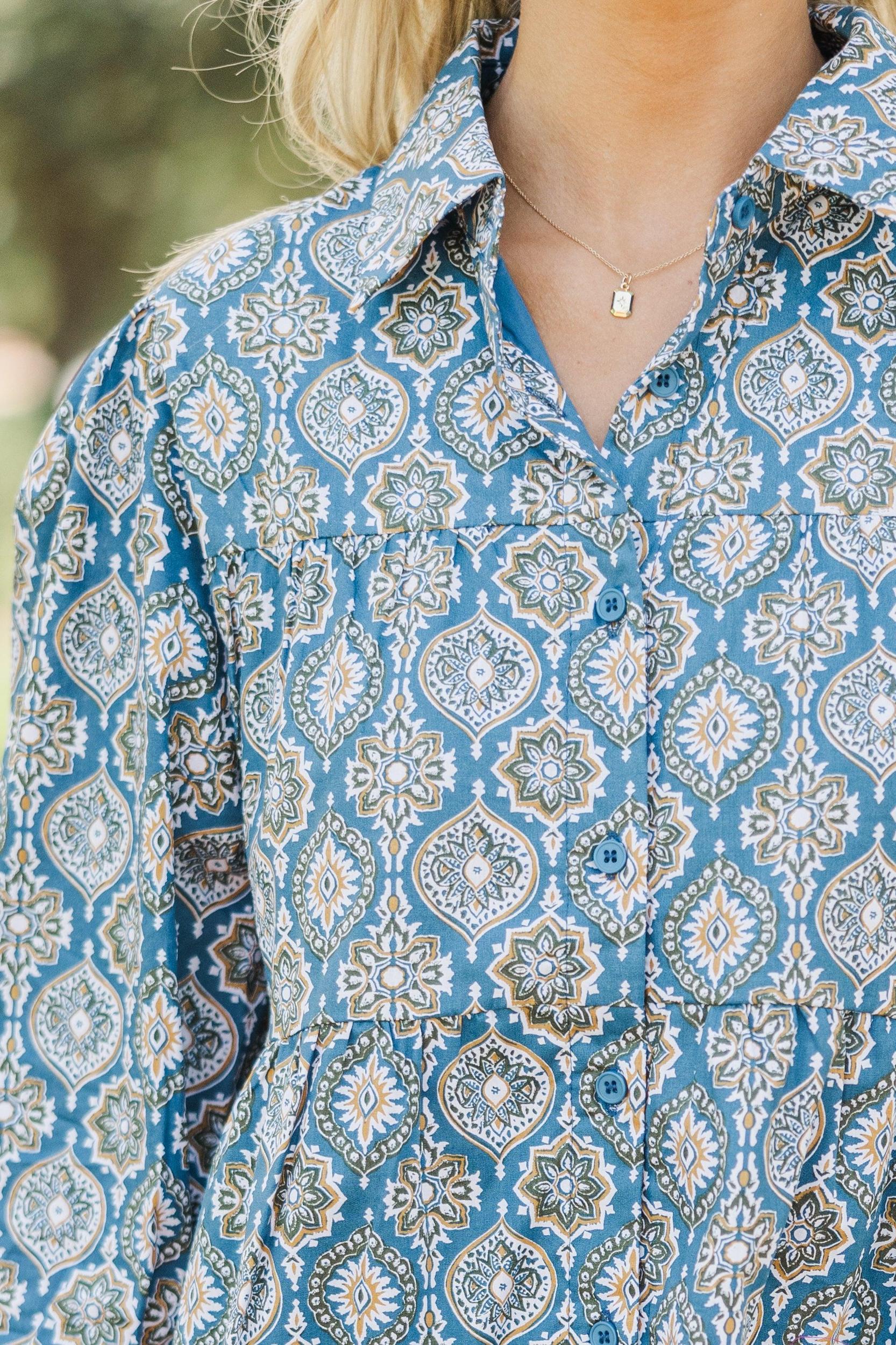 On Your Way Teal Blue Medallion Babydoll Dress Female Product Image