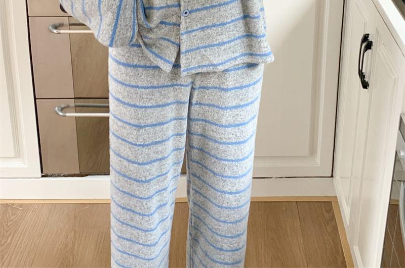 Pajama Set: Long Sleeve Round Neck Striped Button Top + Straight Leg Pants Product Image