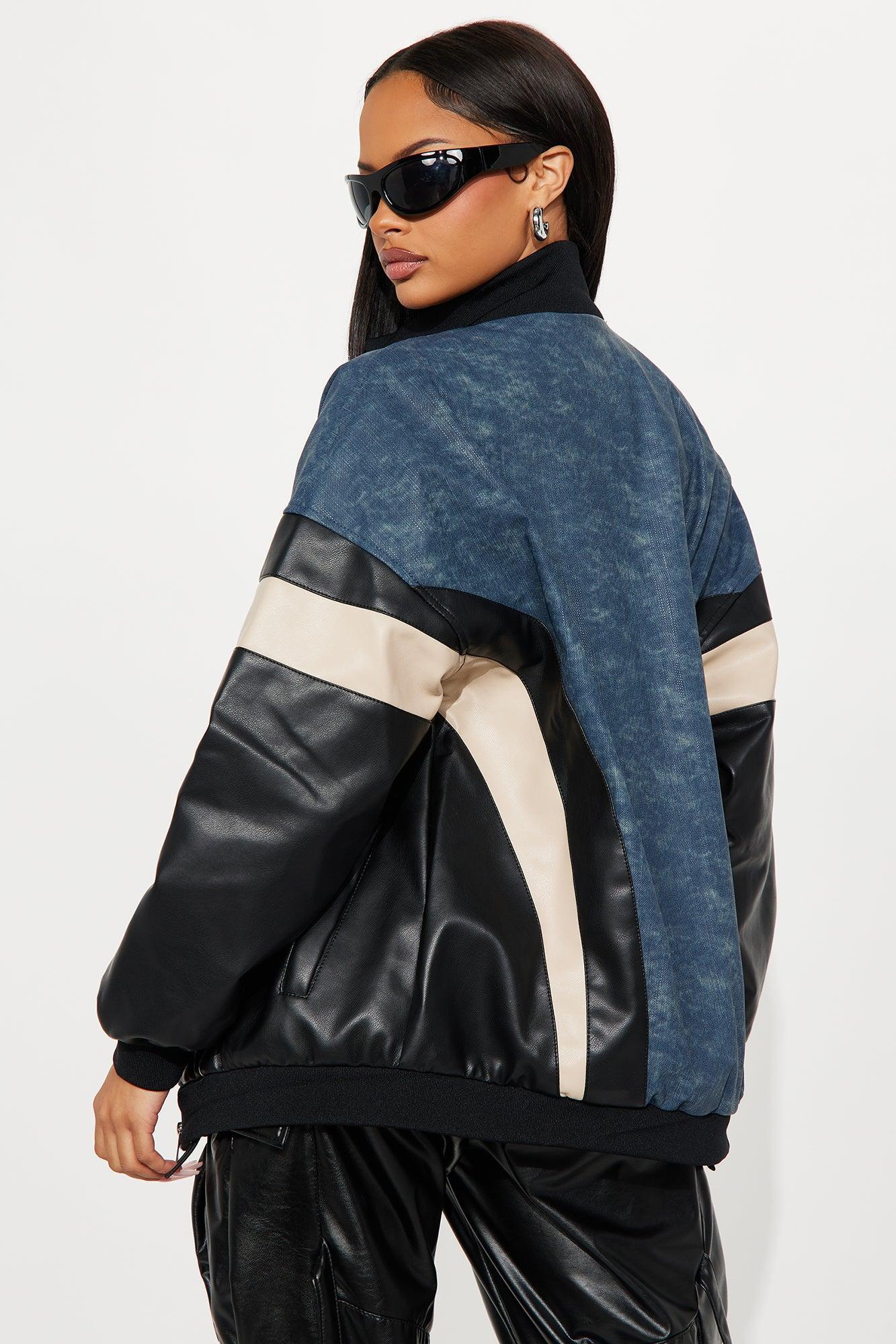 Jaded Oversized Faux Leather Bomber Jacket - Navy/combo Female Product Image