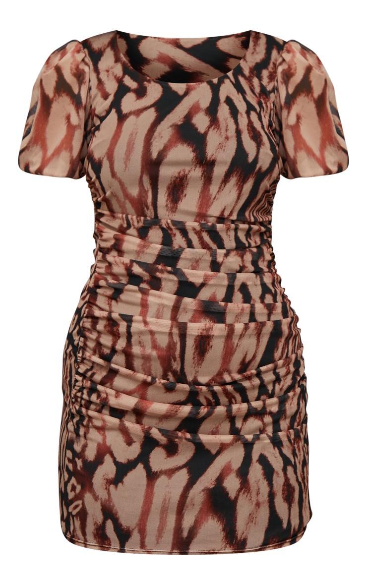 Multi Ruched Bodice Volume Sleeve Leopard Print Mini Dress Product Image