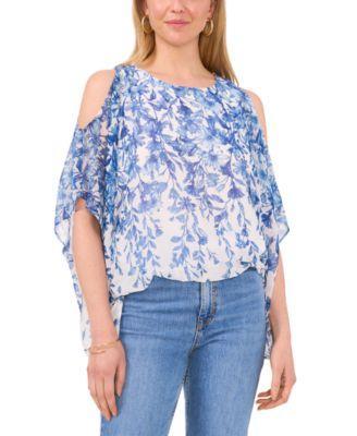Sam & Jess Womens Printed Cold-Shoulder Cape-Sleeve Top Product Image