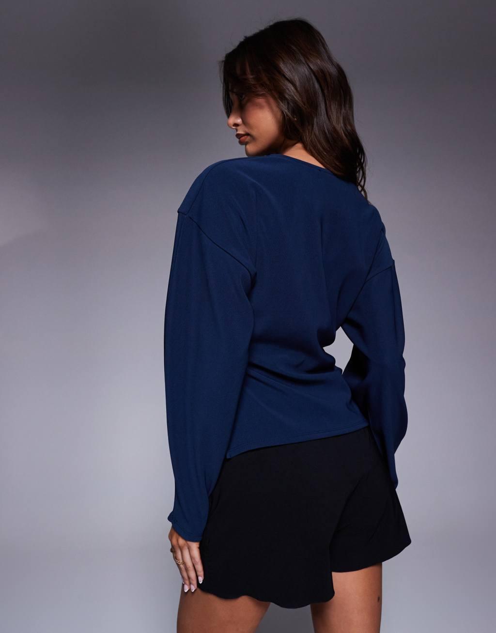 ASOS DESIGN ribbed balloon sleeve structured button-through top in navy Product Image
