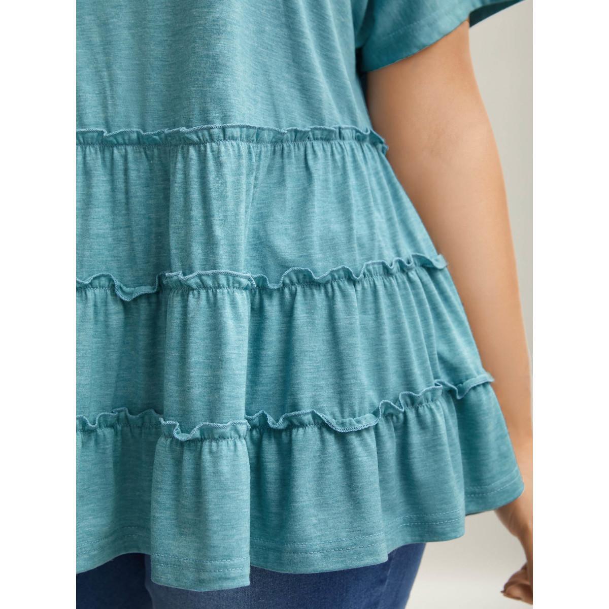Plus Size Tiered Petal Trim Crew Neck T-Shirt Stone Women Casual Gathered Round Neck Everyday T-shirts BloomChic 22-24/3X Product Image