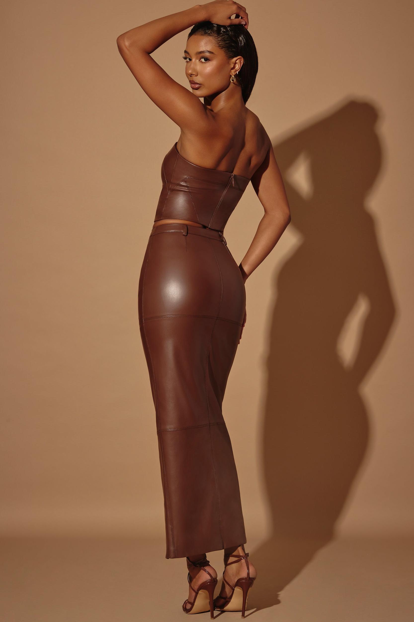 Mid-Rise Vegan Leather Maxi Skirt in Brown Product Image