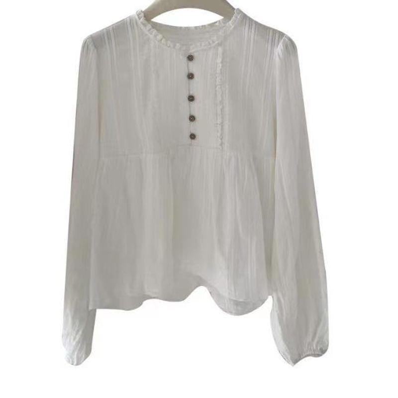 Long-Sleeve Round Neck Plain Lace Trim Half-Button Blouse Product Image