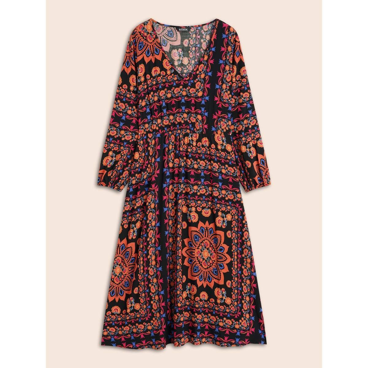 Plus Size Bandana Lantern Sleeve Midi Dress Black Women Resort Gathered V-neck Long Sleeve Curvy BloomChic 22-24/3X Product Image