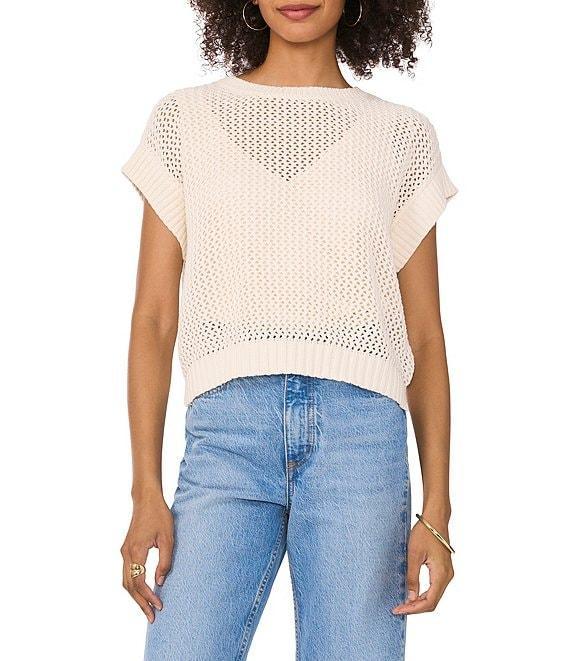 Vince Camuto Sweater Pointelle Crew Neck Short Sleeve Vest Product Image