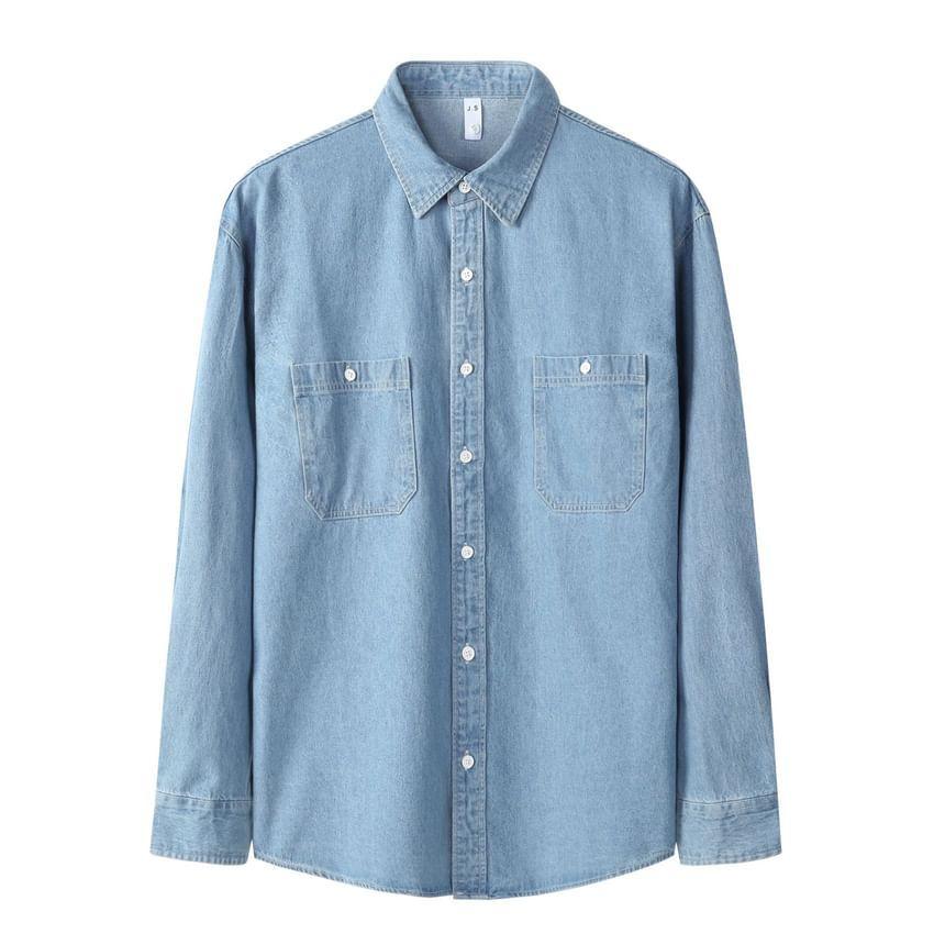 Long Sleeve Collared Washed Denim Shirt Product Image