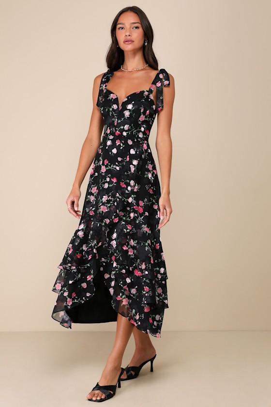 So Elevated Black Floral Jacquard Tie-Strap High-Low Midi Dress Product Image