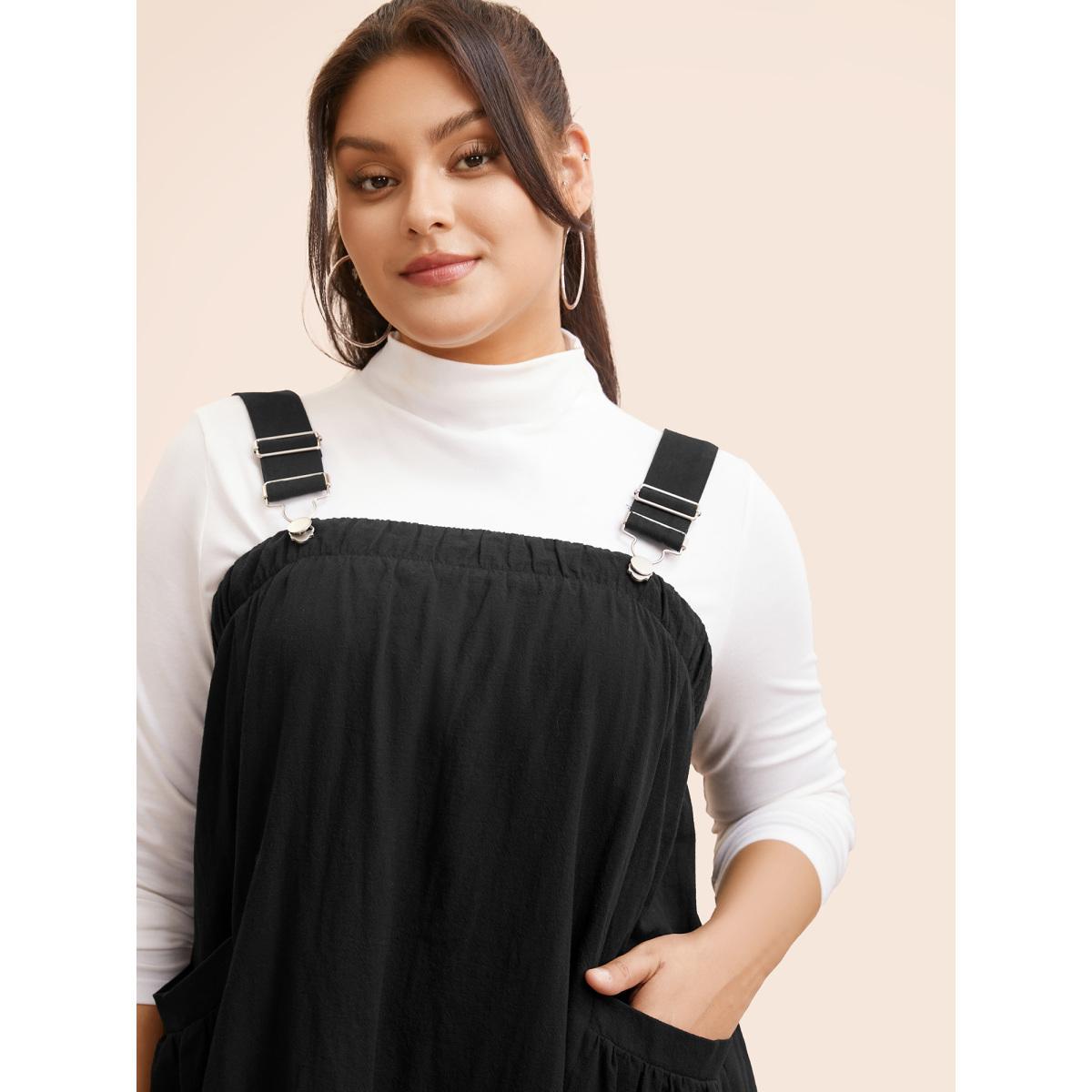 Plus Size Solid Gathered Adjustable Straps Overall Dress Black Women Casual Non Non Sleeveless Curvy BloomChic 14-16/1X Product Image
