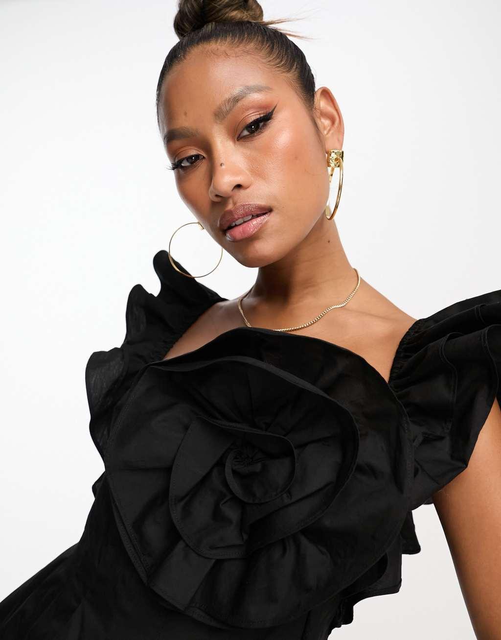 ASOS LUXE poplin romper with corsage and ruffle sleeves Product Image