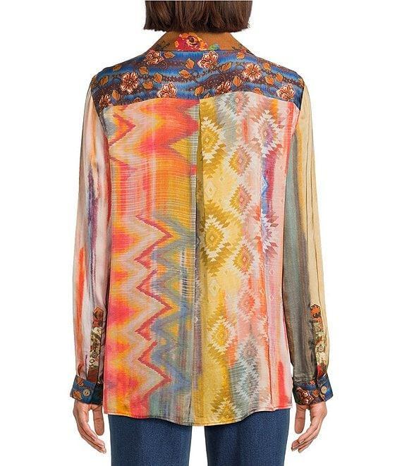 John Mark Chevron Tie-Dye Multi Print Point Collar Long Roll Tab Sleeve Button Front Blouse Product Image