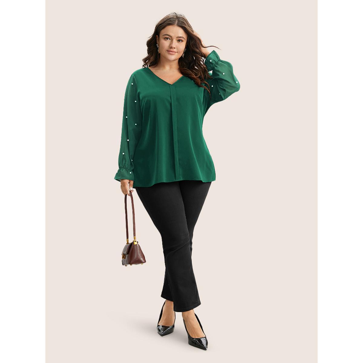 Plus Size DarkGreen Pearl Beaded Mesh Patchwork Ruffles Blouse Women Cocktail Long Sleeve V-neck Party Blouses BloomChic 14-16/1X Product Image
