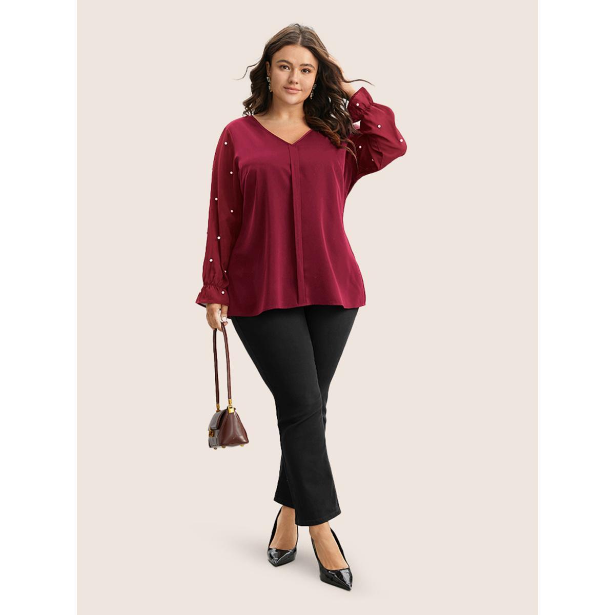 Plus Size Scarlet Pearl Beaded Mesh Patchwork Ruffles Blouse Women Cocktail Long Sleeve V-neck Party Blouses BloomChic 28/5X Product Image