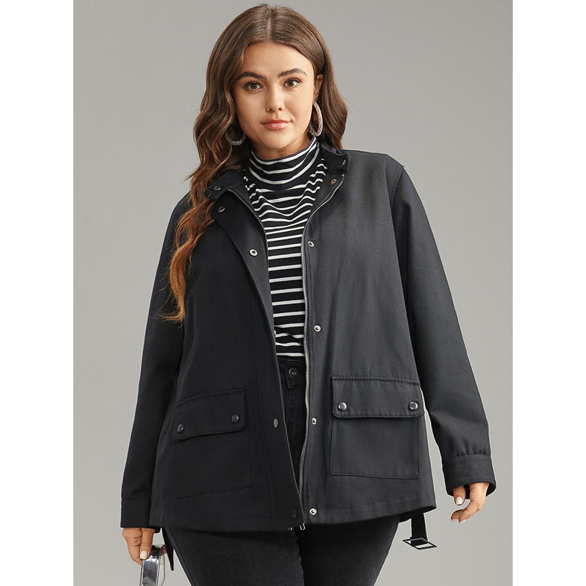 Plus Size Cotton Solid Belted Flap Pocket Coat Women Black Casual Plain Ladies Dailywear Winter Coats BloomChic 26/4X Product Image