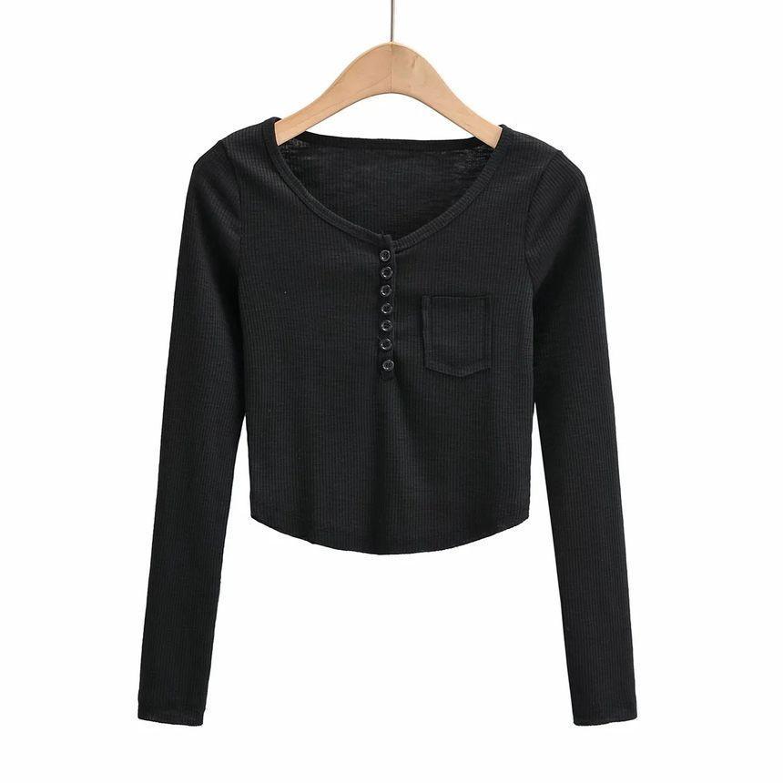 Long Sleeve Half-Button Plain Slim-Fit Knit Top Product Image