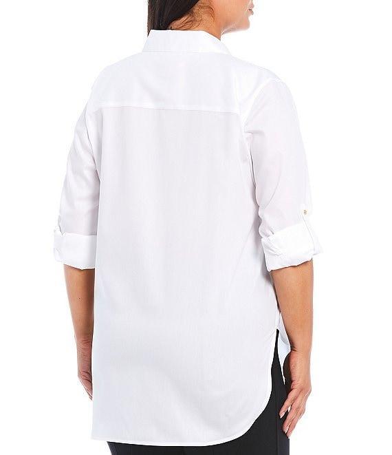 Calvin Klein Plus Size Non-Iron Point Collar Roll-Tab Long Sleeve Cotton High-Low Blouse Product Image