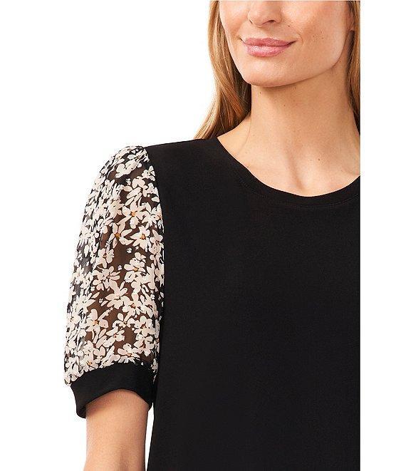 CeCe Mixed Media Floral Print Round Neck Short Puff Sleeve Tee Product Image