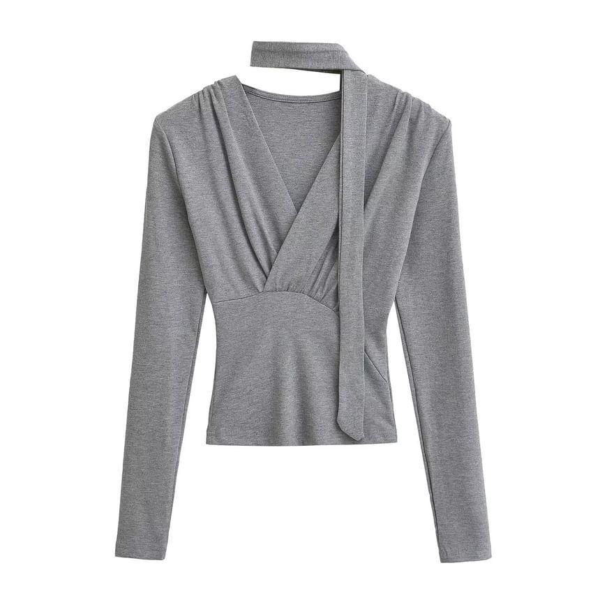 Set: Long-Sleeve V-Neck Plain Top + Scarf Product Image