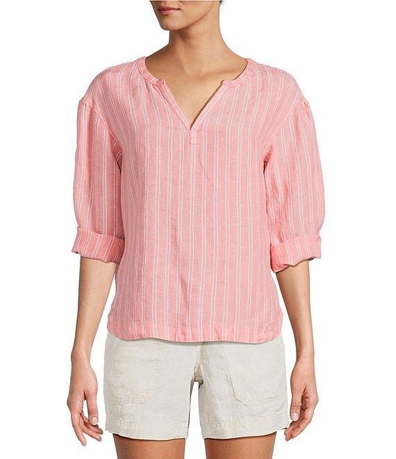 L.L.Bean Linen Striped Split Round Neck Long Sleeve Blouse Product Image