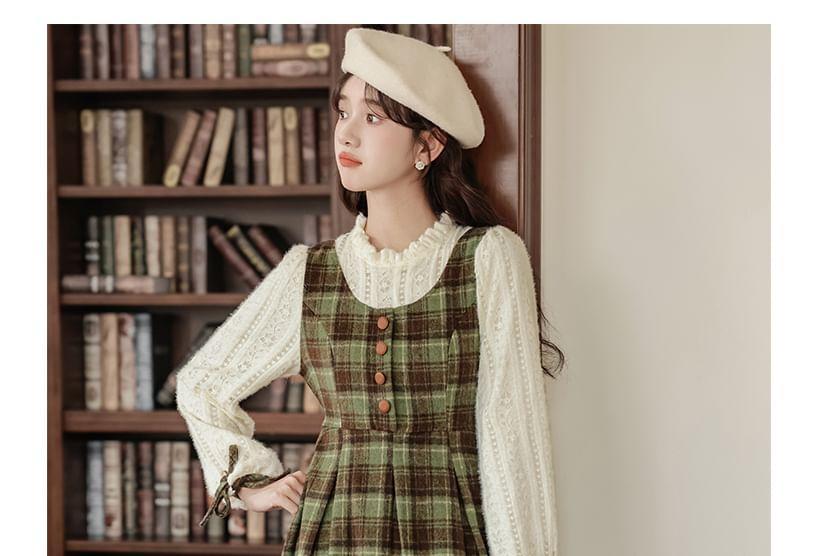 Long Sleeve Round Neck Plaid Mock Two Piece Frill Button Midi A-Line Dress Product Image
