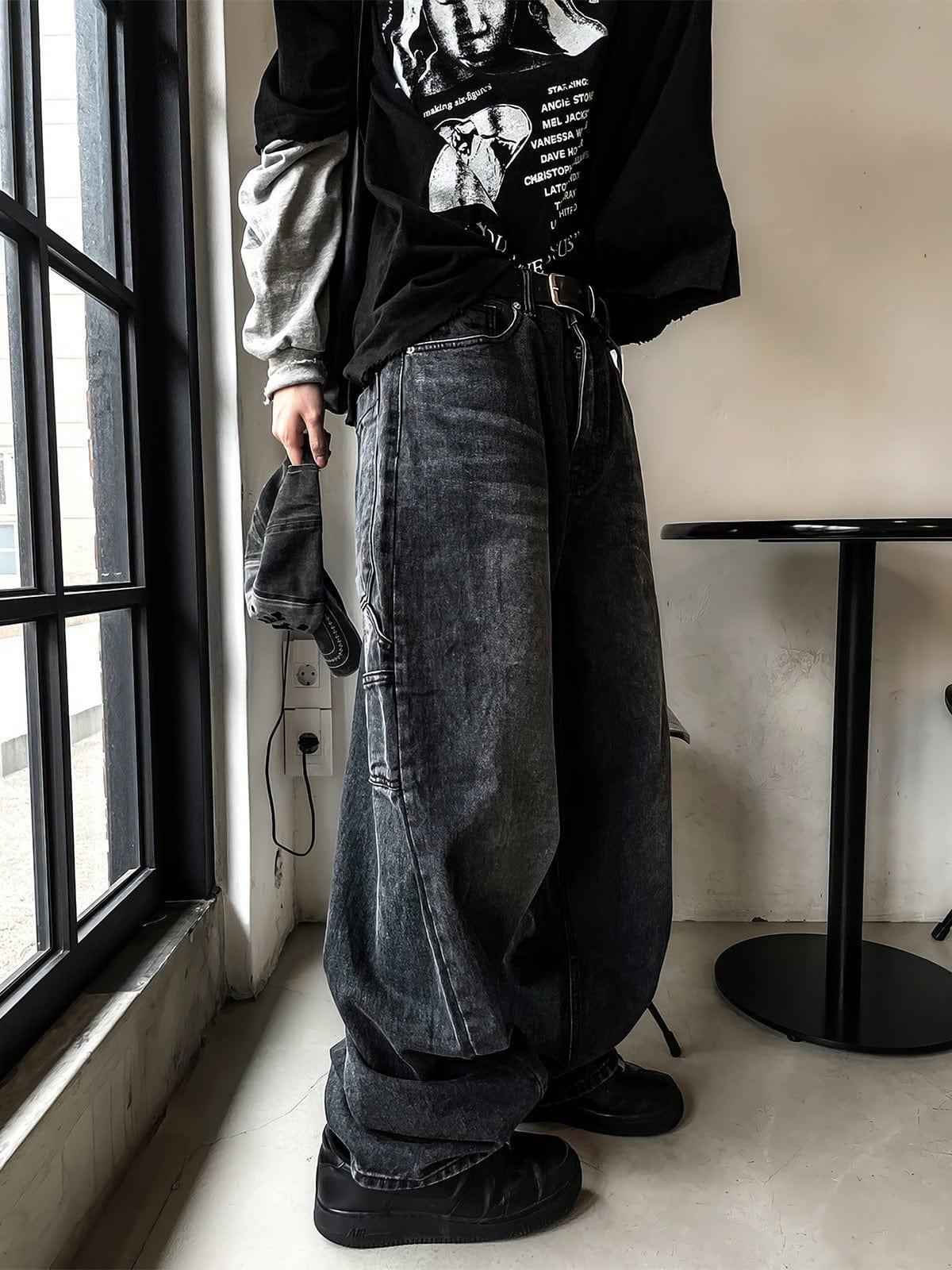 RT No. 12663 WASHED BLACK WIDE STRAIGHT DENIM JEANS Product Image