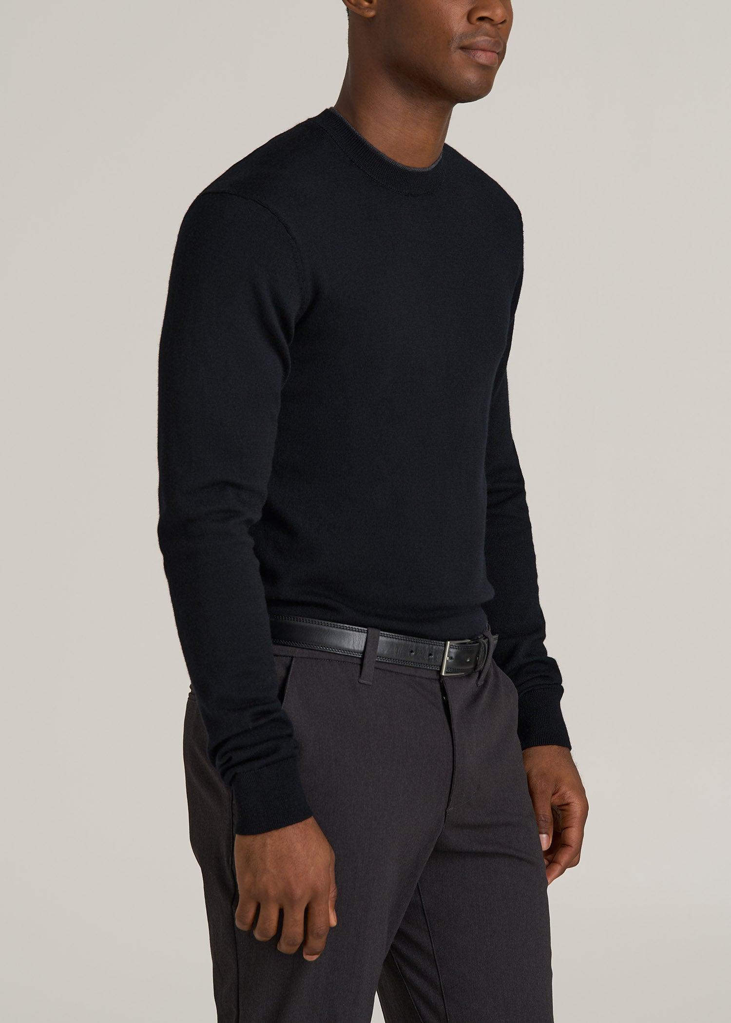 Merino Wool Crewneck Tip Sweater for Tall Men in Black Product Image