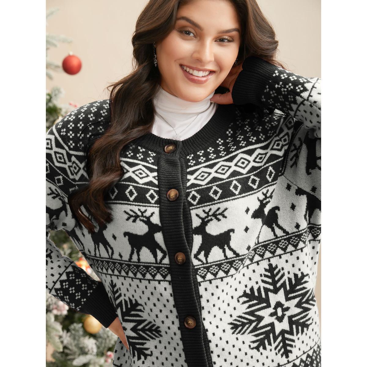 Plus Size Reindeer And Snow Pattern Button-Front Cardigan Black Women Casual Loose Long Sleeve Everyday Cardigans BloomChic 18-20/2X Product Image