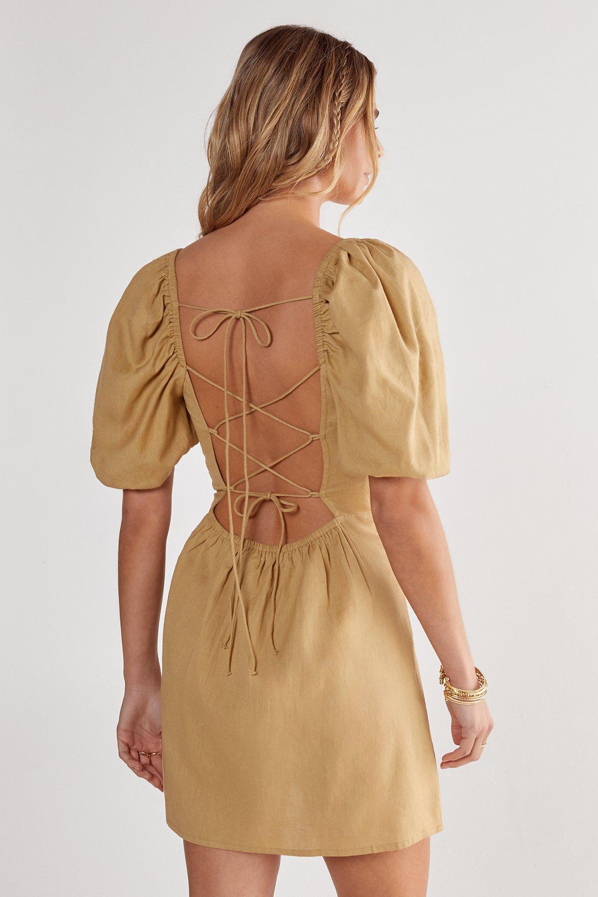 Cotton Puff Sleeve Tie Back Mini Dress Product Image