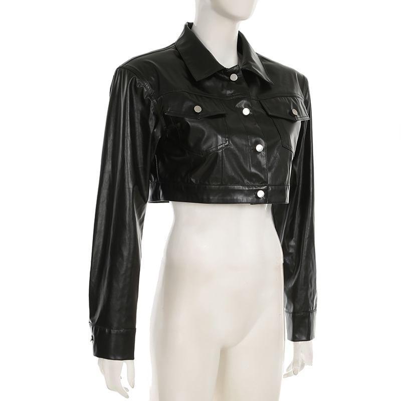 Collared Plain Button-Up Faux Leather Crop Jacket Product Image