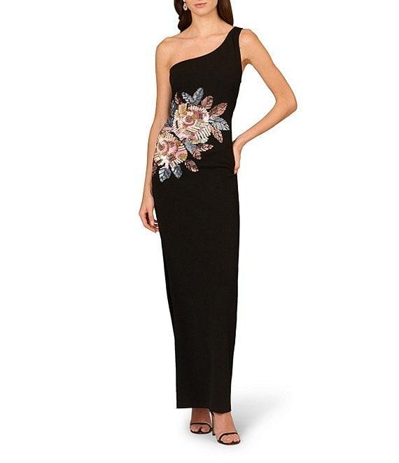 Aidan Mattox Beaded Crepe Flower Pattern One Shoulder Neck Side Slit Column Gown Product Image