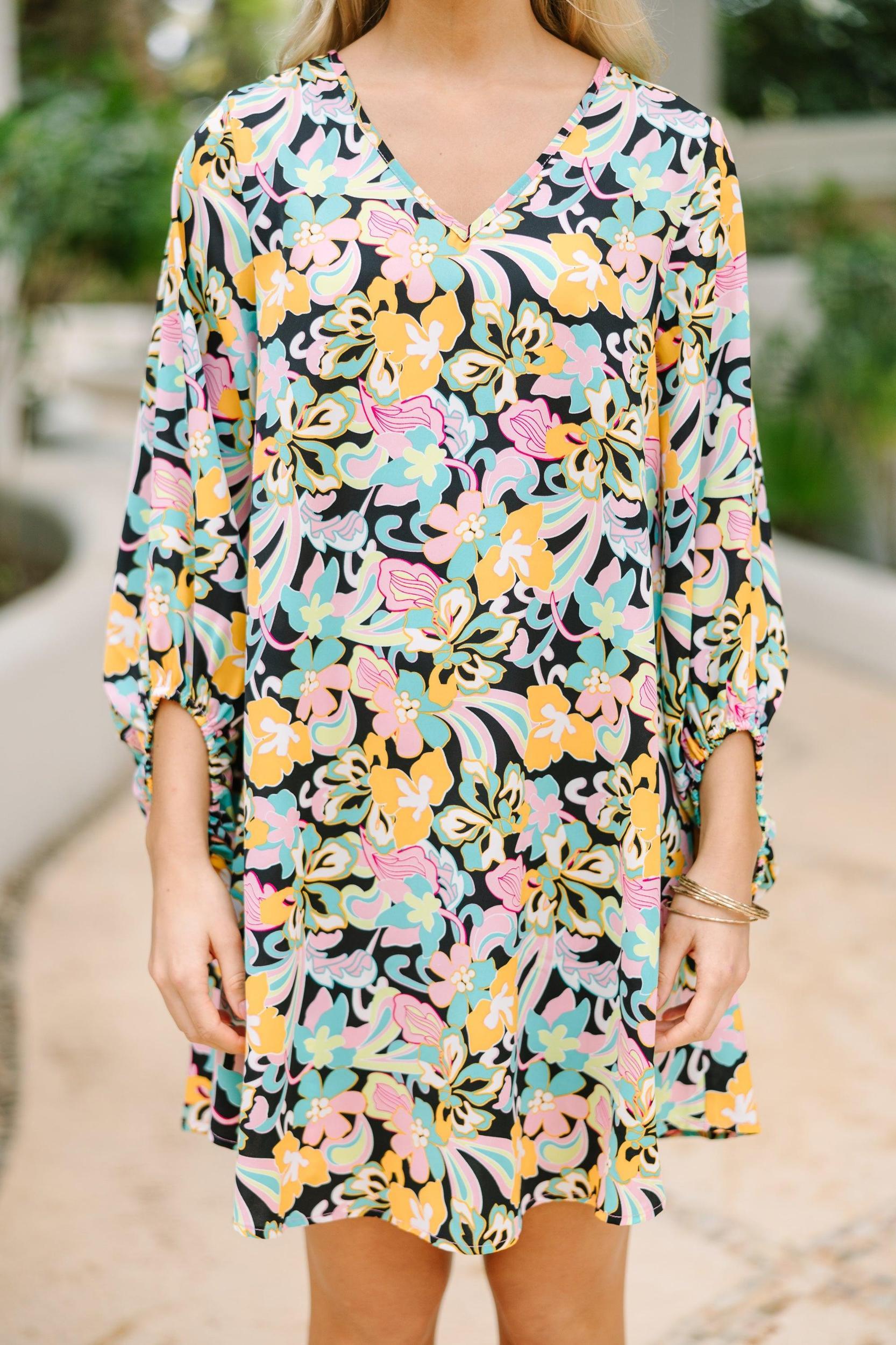 Clear Love Black Floral Bubble Sleeve Dress Female Product Image